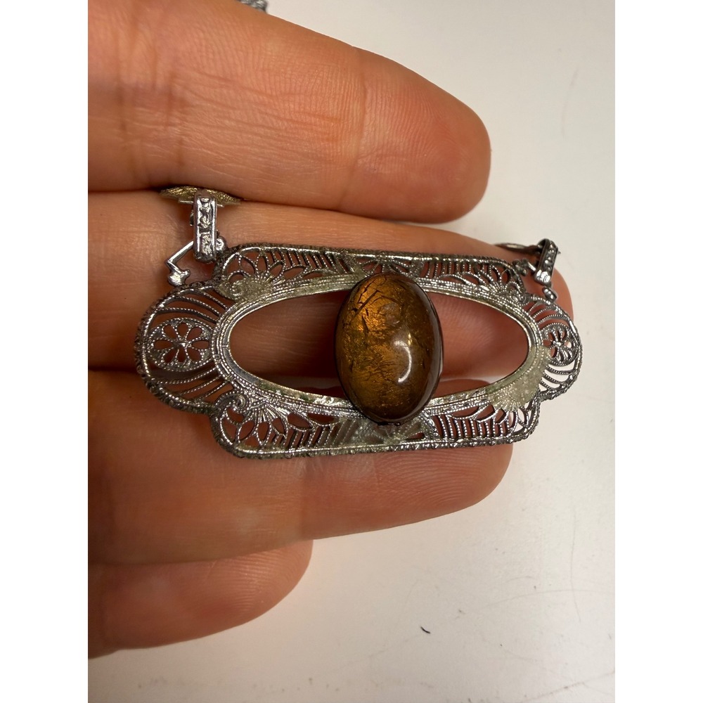 Vintage PS Co Art Deco Filigree Necklace Amber Glass Cabochon Silver Tone 15"